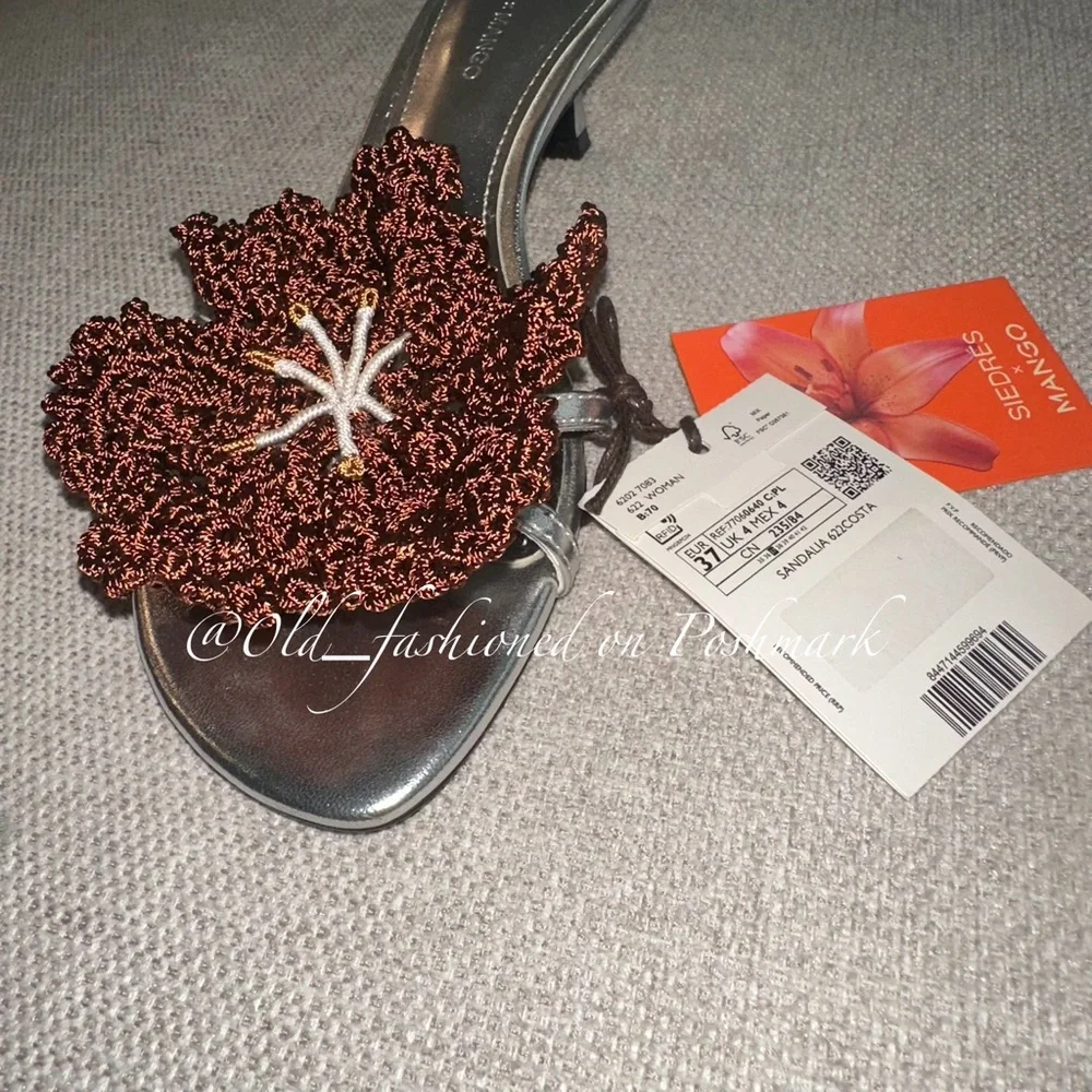 MANGO Leather Heeled Sandals with Flower